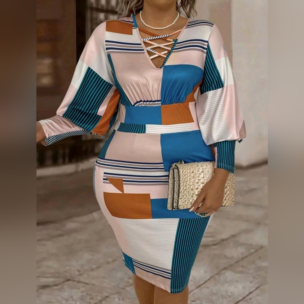 Plus size printed patchwork cross strapped lantern sleeve dress